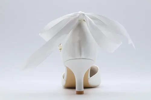 Miniatura 6 de Pointed Toe Pearl Satin Wedding Shoes for Bride Low Heel Bridal Shoes for Women Satin Heels Prom Party Shoes 1608-28