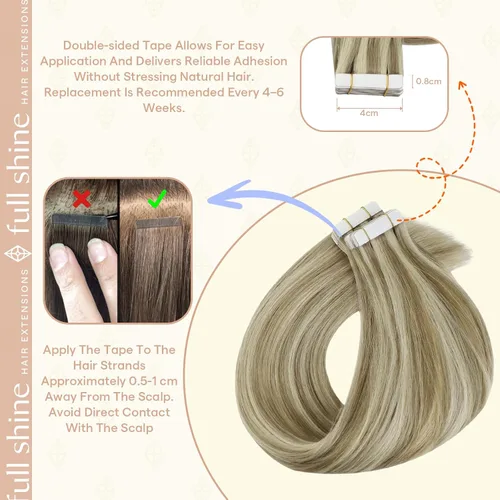 Miniatura 4 de Fshine Extensiones de cabello humano adhesivas de 20 pulgadas, extensiones de cabello Remy de 1.76 oz, color 16, reflejos 22, rubio, cinta adhesiva