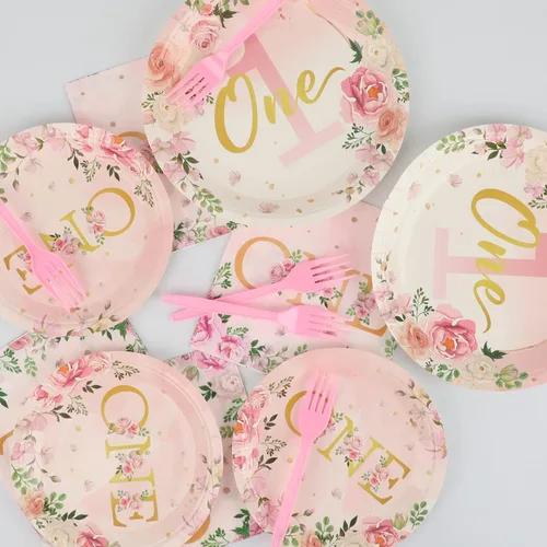 Miniatura 5 de 96 piezas de suministros para fiesta de primer cumpleaños, vajilla de un año para niñas con platos florales de cumpleaños, servilletas, vajillas