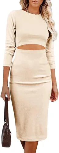 SHANZHEN Vestido ajustado de manga larga para mujer, casual, a la moda, cuello redondo, recortado, de punto, acanalado, ajustado, vestido de tubo