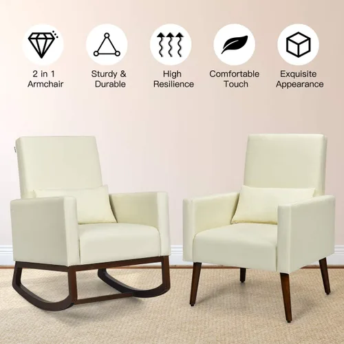 Miniatura 4 de Giantex Mecedora de tela con respaldo alto y almohada para la cintura, de madera, cónica y mecedora de dos patas, silla tapizada multifuncional