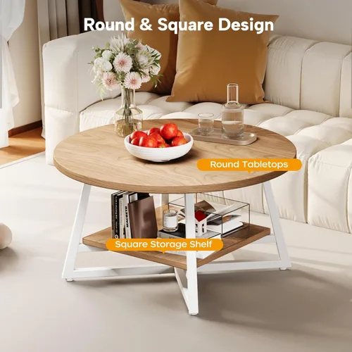 Miniatura 5 de Mesa de Café para Sala de Estar, Mesa de Café Redonda, Mesa de Café Pequeña Circular con Almacenamiento, Mesa Central Redonda Moderna de Madera