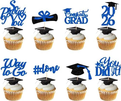 Decoraciones de graduación 2026 azul, adornos para cupcakes de graduación 2026 azul y negro, suministros de decoración para cupcakes clase de 2026,