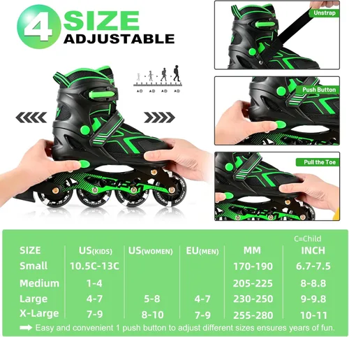 Miniatura 3 de 2PM SPORTS - Patines en línea ajustables Torinx verde para niños, patines divertidos para principiantes para niños, jóvenes, niñas, hombres