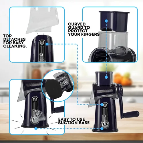 Miniatura 3 de Rallador de queso giratorio 5 en 1 con asa, cuchillas de acero inoxidable, cortador y triturador de verduras, molinillo de nueces, rallador
