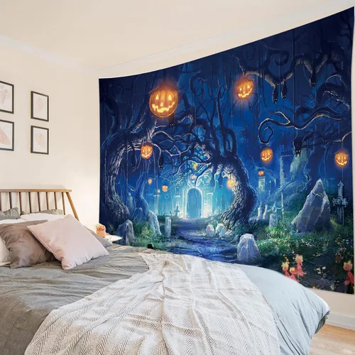 Miniatura 5 de HVEST Tapiz de noche de Halloween, tapiz para colgar en la pared, bosque embrujado con tumba y calabazas, manta de pared para dormitorio, sala