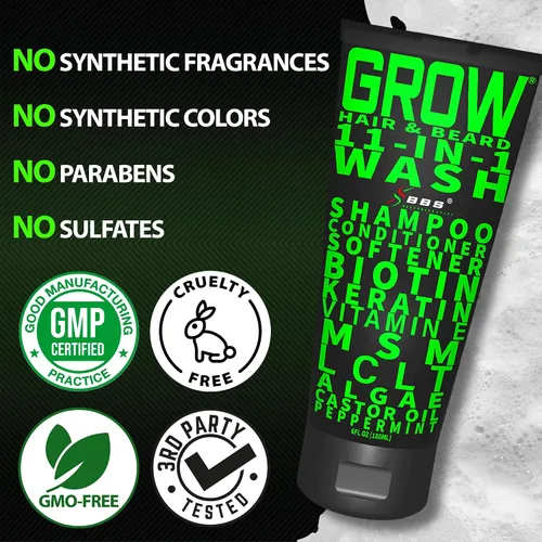 Miniatura 6 de Champú y acondicionador para barba 11 en 1 – CRECE cabello y barba crecimiento lavado con biotina, aceite de ricino, menta y queratina – Apoya