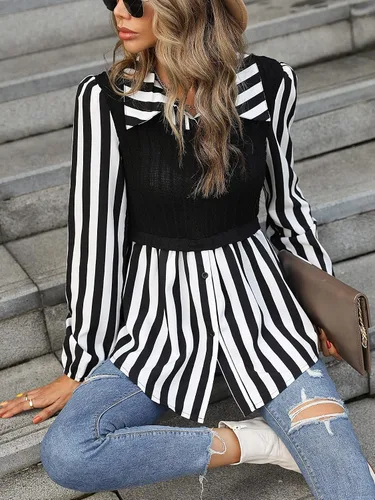 Miniatura 4 de WDIRARA Blusa de manga larga con botones y estampado a rayas para mujer 2 en 1