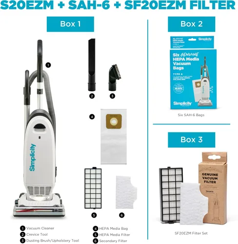 Simplicity Aspiradora vertical para alergias con bolsas y juego de filtros, aspiradora empaquetada con aspiradora Hepa certificada para pelo de