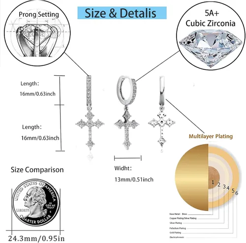 Miniatura 2 de JINAO Aretes colgantes chapados en oro de 14 quilates con circonita cúbica 5A+, hipoalergénicos, de plata de ley, para hombres y mujeres