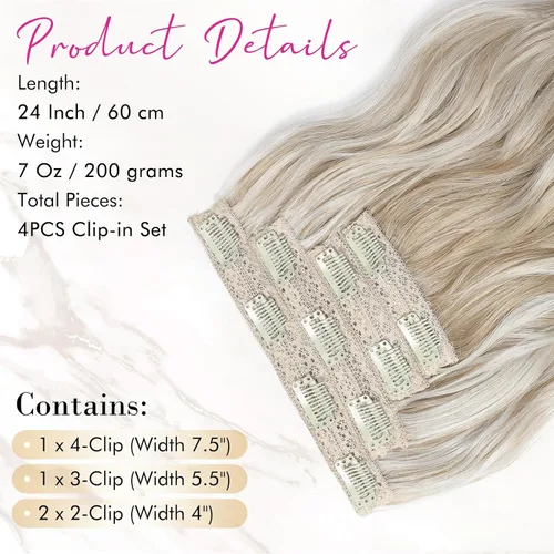 Miniatura 4 de REECHO Extensiones de cabello con pinza, 4 piezas de extensiones de cabello rubio de 24" de largo, ondas de playa gruesas, HE003, trama de encaje