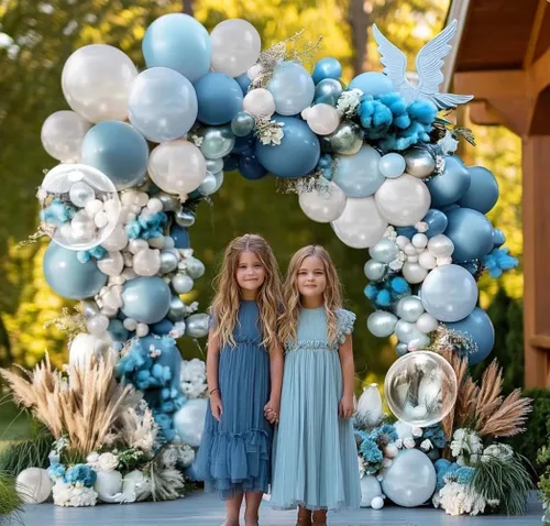 Miniatura 5 de Guirnalda de globos azul empolvado y blancos, kit de arco de globos Bobo de perlas azul claro con doble relleno para cumpleaños, baby shower, boda