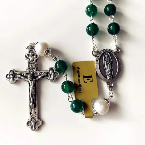 Miniatura 7 de elegantmedical Cuentas de ágata verde hechas a mano y perla real católica guadalupe rosario collar cruz