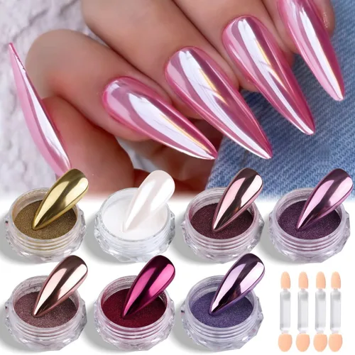 Kit de polvo de uñas cromado, 7 colores, rosa, morado, oro rosa, transparente, blanco perla, polvo cromado, polvo extra fino, pigmento de frotación,