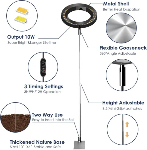 Miniatura 3 de IMVSINCERE Halo - Luz de cultivo para plantas de interior, 72 LED, altura ajustable (6.5-25 pulgadas), lámpara de cultivo LED de espectro completo