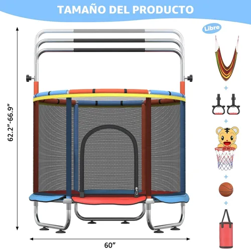 Miniatura 7 de Trampolín infantil de 60 pulgadas para niños de 2 a 4 años, mini trampolín de 5 pies para interiores con pelota de baloncesto, barra de gimnasia