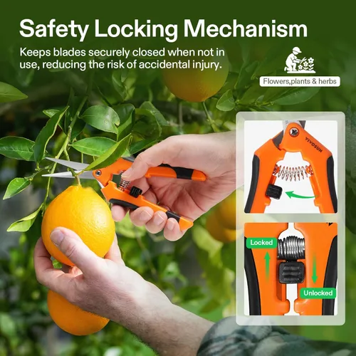 Miniatura 5 de VIVOSUN Paquete de 2 tijeras de jardinería de 6.5 pulgadas, tijeras de podar de mano con cuchillas rectas de acero inoxidable, color naranja
