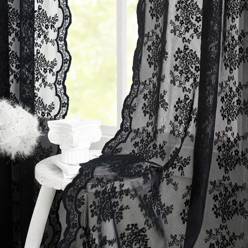 YJ YANJUN Cortinas traslúcidas negras de 54 pulgadas de largo, panel de cortina de encaje gótico victoriano para cocina, cortinas cortas de Negro