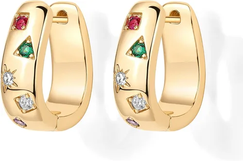 Miniatura 3 de PAVOI Aretes de plata de ley 925 chapados en oro de 14 quilates para mujer, aretes de aro de circonita cúbica multicolor
