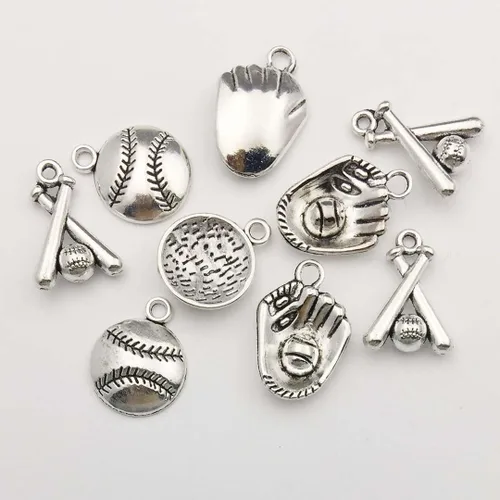 Miniatura 2 de Youdiyla Colección de 60 dijes temáticos de béisbol, guantes de bate de plata antigua mezclada, juego de pelota, pelota deportiva, sóftbol, aleación