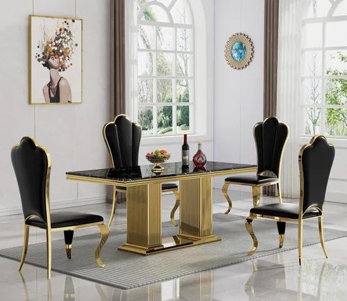 Miniatura 16 de Juego de mesa de comedor de mármol negro de lujo para 4, mesa de cocina dorada de 70 pulgadas y 4 sillas de cuero negro, juego de 5 mesas de comedor