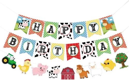 WERNNSAI Cartel de cumpleaños de animales de granja, pancarta de feliz cumpleaños con guirnalda de banderines de tractor para niños y niñas, Azul