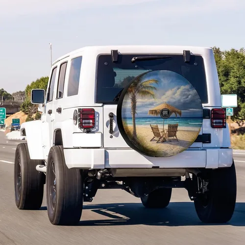 Miniatura 4 de Hermosa cubierta de rueda de repuesto con diseño de palmeras de playa y orificio para cámara de respaldo. Cubierta de rueda para remolque, vehículo