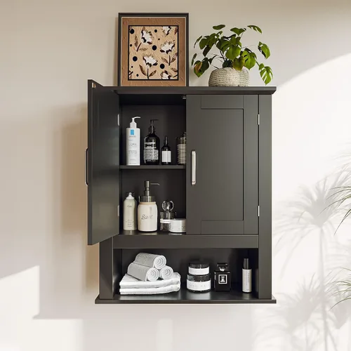 Miniatura 4 de VINGLI Armario de pared de baño, botiquín negro con estante abierto y 2 puertas, organizador de almacenamiento ajustable para colgar sobre