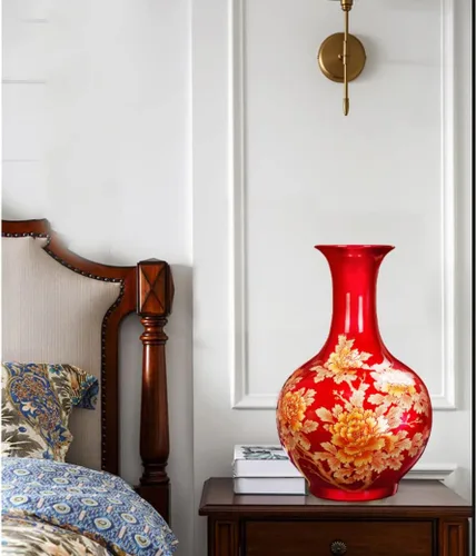 Miniatura 6 de ZHOUXIAO Florero de cerámica roja con patrón de peonía para decoración del hogar, florero alto de flores secas para sala de estar, oficina, mueble