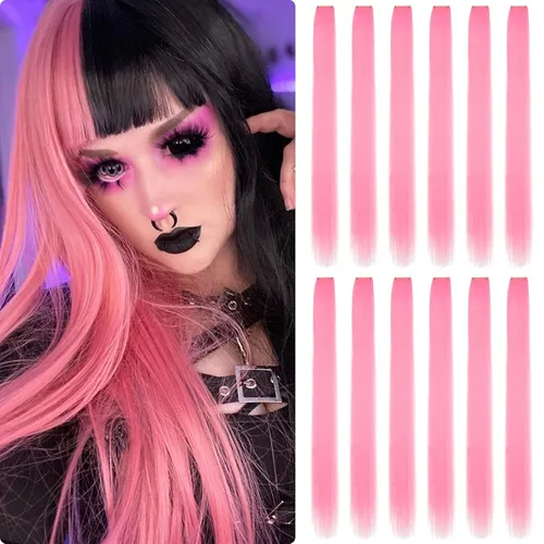 Extensiones de cabello de colores 12 piezas de 24 pulgadas, extensiones de cabello rosa cosplay con clip, color arco iris, para fiesta, largo,
