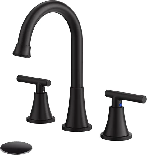 Grifos de baño para lavabo de 3 agujeros, grifo de lavabo de baño negro mate Hurran con desagüe emergente y líneas de suministro, grifo de baño de
