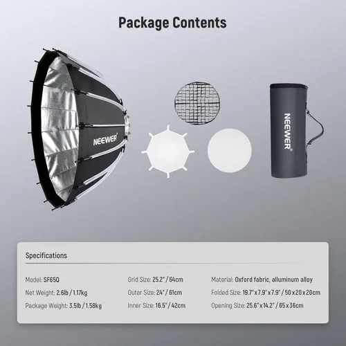 Miniatura 8 de NEEWER Caja de luz parabólica de 26 pulgadas/65cm de instalación rápida y plegado rápido, con difusores/rejilla de panal/bolsa, compatible