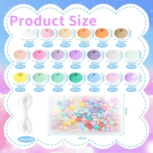 Miniatura 2 de 100 cuentas de lentejas de silicona de 0.47 pulgadas (0.472 in) de goma de ábaco espaciador suelto con cordón de 16.4 ft para pulseras, collares