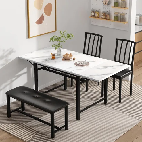 Miniatura 2 de AWQM Mesa de comedor de 4 piezas de mármol sintético con estante de almacenamiento, juego de mesa de rincón de desayuno que ahorra espacio con 2