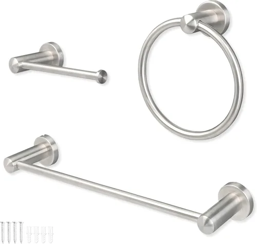 Miniatura 10 de Ilyapa Juego de accesorios de baño negro, juego de 3 piezas para montaje en la pared, barra para toallas, soporte para papel higiénico, anillo