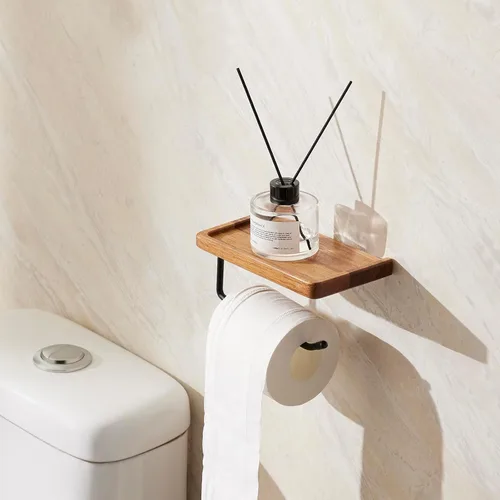 Miniatura 2 de Yangbaga Soporte de papel higiénico con estante: almacenamiento de rollo de papel higiénico de baño con adhesivo y tornillo, accesorios de baño