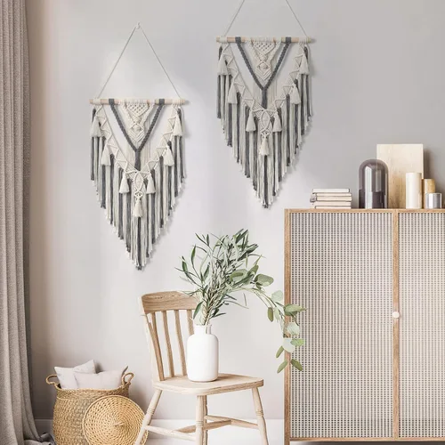 Miniatura 4 de Dremisland - Tapiz tejido de macramé para colgar en la pared, estilo bohemio geométrico, en beige y gris, de algodón hecho a mano, decoración