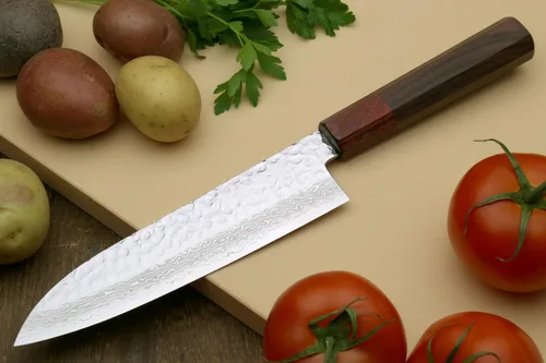 Miniatura 3 de Yoshihiro VG-10 Cuchillo de chef japonés multiusos de Damasco Santoku de 46 capas (mango de palisandro de 7 pulgadas)