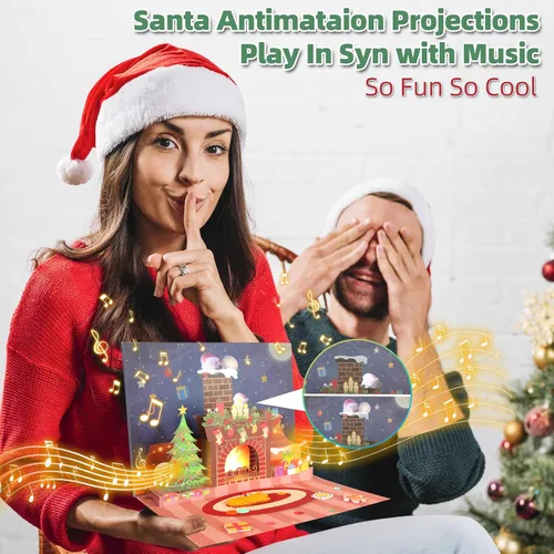 Miniatura 2 de MZD8391 Tarjetas de Navidad con proyecciones de Papá Noel animadas, tarjeta de felicitación de regalo de Navidad desplegable 3D con luces musicales