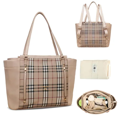 Miniatura 11 de Miss Fong Bolso de pañales de cuero con diseño a cuadros, mochila de gran capacidad para mamá, bolso hospitalario, con 12 bolsillos, bolso de viaje