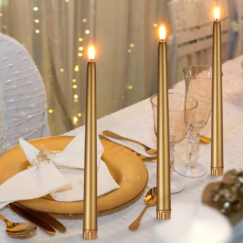 Miniatura 4 de Macarrie 24 Paquetes de Velas Cónicas Sin Llama Operadas con Batería Falsas de 11 Pulgadas de Largo Luz de Vela LED Sin Llama Candelabros Dorado