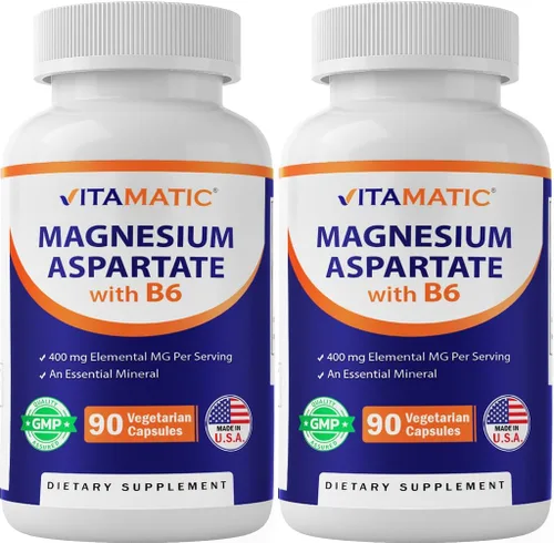 Vitamatic Aspartato de magnesio 400 mg por porción - 90 cápsulas vegetarianas - B6 añadido para una máxima absorción - Apoya la salud muscular,