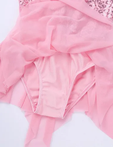 Miniatura 27 de YiZYiF Vestido de baile de lentejuelas para niños y niñas, leotardo de ballet, cuello alto, vestido lírico, traje de rendimiento irregular