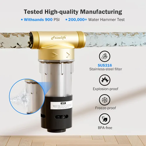 Miniatura 5 de Frizzlife Filtro de sedimentos giratorio de 40 y 100 micrones con raspador integrado, prefiltro reutilizable para toda la casa para agua