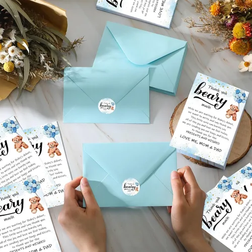 Miniatura 5 de Kisston 50 juegos de tarjetas de agradecimiento para baby shower de oso de 4 x 6 pulgadas, tarjetas de felicitación de oso con 50 sobres y Azul