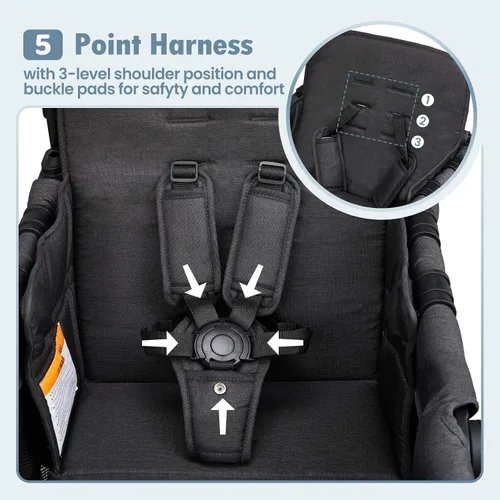 Miniatura 6 de ZTDM - Cochecito estilo carrito para 2 niños, asiento alto y arnés de 5 puntos, carrito todoterreno plegable para niño pequeño con toldo
