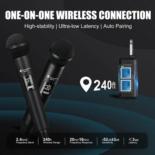 Miniatura 4 de Micrófono inalámbrico - Micrófono de karaoke para cantar - Micrófonos de mano dinámicos dobles recargables con receptor - Micrófono inalámbrico