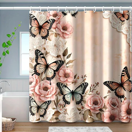 Miniatura 8 de Cortina de ducha de mariposas Dreamrflove, 1 unidad de cortinas de ducha de mariposas para baño, cortina de ducha floral de mariposas verde, cortina
