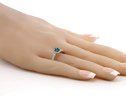 Miniatura 3 de Gem Stone King Anillo de compromiso redondo de plata de ley 925 con topacio azul londinense y zafiro blanco creado para mujer