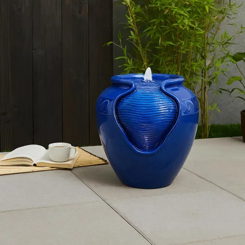 Miniatura 14 de Teamson Home Fuente de agua en cascada de piedra apilada de 4 niveles para exteriores de 28.5 pulgadas con luces LED, gris